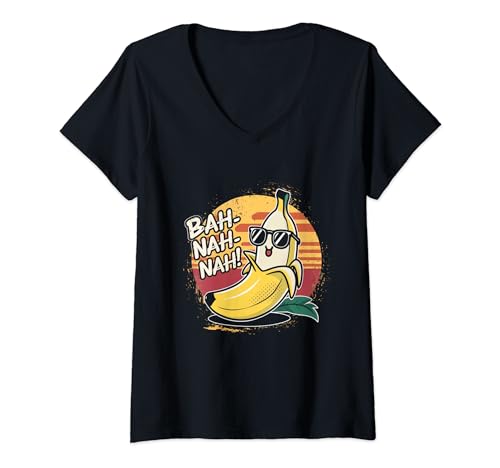 Damen Bah-Nah-Nah! Coole Sonnenbrille Banane mit Sonnenuntergang Hintergrund T-Shirt mit V-Ausschnitt von Tropical Apparel