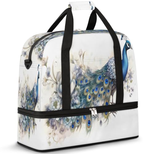 Faltbare Reisetasche für Damen und Herren, 47 l, Wochenendtasche mit Trolleyhülle, nasse getrennte Schultertasche, Tragetasche für Sport, Fitnessstudio, Reisen, Blume, Tier, Pfau, farbe, 47 L, von TropicalLife