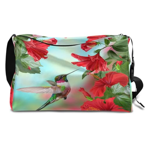 Kolibri Hibiskus Leder Duffle Bag für Mann Frau Jungen Mädchen Kolibri Wochenende Übernachtung Sport Gym Bag Reisetasche Single Shoulder Crossbody Handtasche, farbe, 18.5L, Taschen-Organizer von TropicalLife