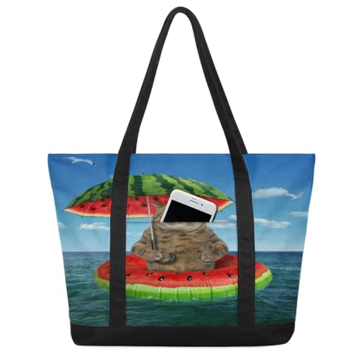 Lustige Katzen-Handtasche für Damen, Mädchen, Regenschirm, Katze, Meer, große Schultertasche, Segeltuch, 22 l, große Kapazität, Reißverschluss, Einkaufstasche für Schule, Reisen, Arbeit, farbig, big von TropicalLife