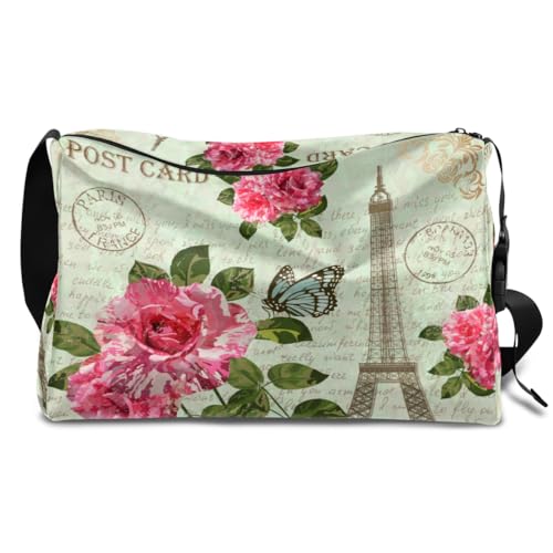 Paris Postkarte Leder Duffle Bag für Mann Frau Jungen Mädchen Paris Vintage Wochenende Übernachtung Sport Gym Bag Reisetasche Single Shoulder Crossbody Handtasche, farbe, 18.5L, Taschen-Organizer von TropicalLife