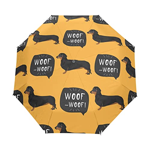 Regenschirm Dackel Hund Tier Woof Winddicht 3 Falten Regenschirm Auto Öffnen Schließen für Frauen Männer Mädchen Jungen Unisex Ultraleicht Outdoor Reise Kompakt Regenschirm von TropicalLife