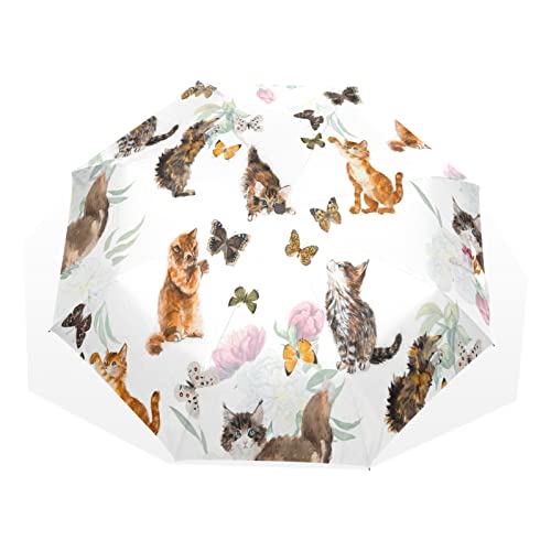 Regenschirm Katzen Jagd Schmetterlinge Tier Winddicht 3 Falten Regenschirm für Damen Herren Mädchen Jungen Unisex Ultraleicht Outdoor Reise Kompakt Regenschirm von TropicalLife