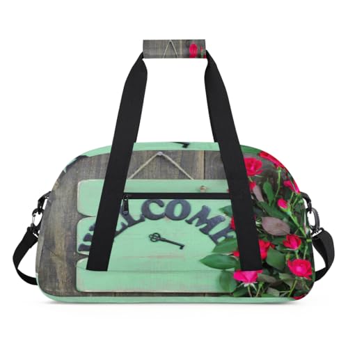 Sporttasche für Kinder, Mädchen, Jungen, Damen, Herren, 24 l, Wochenende, Übernachtung, Reisetasche, Reisetasche, Reisetasche, Fitnessstudio, Tanztasche, Willkommen, Holzschild, Blume, Rose, farbe, von TropicalLife