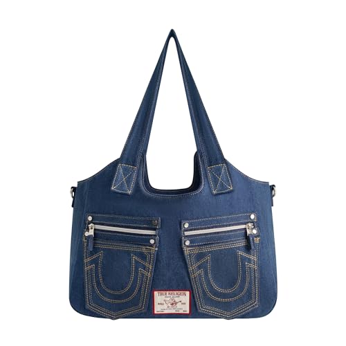 True Religion Damen Women's Satchel Bag, Denim Crossbody Purse Handbag with Adjustable Removable Shoulder Strap Ranzen, Blau von True Religion