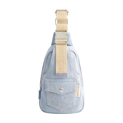 True Religion Damen Women's Sling Bag, Denim Small Travel Backpack with Adjustable Shoulder Crossbody Strap and Front Pocket Umhängetasche von True Religion