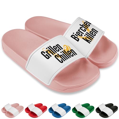 True Statements Lustige Badelatschen „Grillen Chillen Bierchen Killen” - Trendige Schlappen Hausschuhe Damen, Herren, Unisex - aus robustem PVC, Rosa, Gr. 42 von True Statements