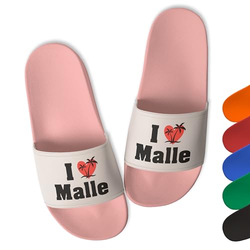 True Statements Trendige Badelatschen „I Love Malle” aus robustem PVC für deinen Sommerurlaub auf Mallorca, Damen, Herren, Unisex, Rosa, Gr. 44 von True Statements