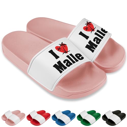 True Statements Trendige Badelatschen „I Love Malle” aus robustem PVC für deinen Sommerurlaub auf Mallorca, Damen, Herren, Unisex, Rosa, Gr. 45 von True Statements