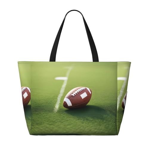 American Football Ball auf Gras Sport-/Strand-Reisetasche, faltbar, geräumig, große Kapazität, Strandtasche, Tragetasche mit Reißverschluss, Schwarz, Einheitsgröße von Trukd