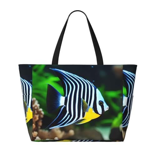 Aquarium Angelfish Strand-Reisetasche – faltbar, geräumig, große Kapazität, Strandtasche mit Reißverschluss, Schwarz, Einheitsgröße von Trukd