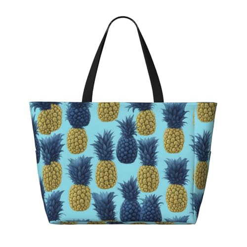 Blue Pineapple Strand-Reisetasche, faltbar, geräumig, große Kapazität, Strandtasche mit Reißverschluss, Schwarz, Einheitsgröße von Trukd