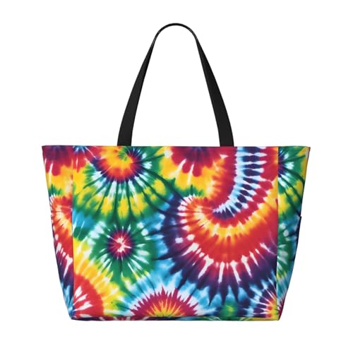 Bunte Batik-Strand-Reisetasche, faltbar, geräumig, große Kapazität, Strandtasche mit Reißverschluss, Schwarz, Einheitsgröße von Trukd