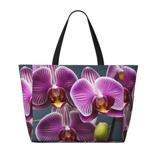 Bunte Orchideen-Strand-Reisetasche, faltbar, geräumig, große Kapazität, Strandtasche mit Reißverschluss, Schwarz, Einheitsgröße von Trukd