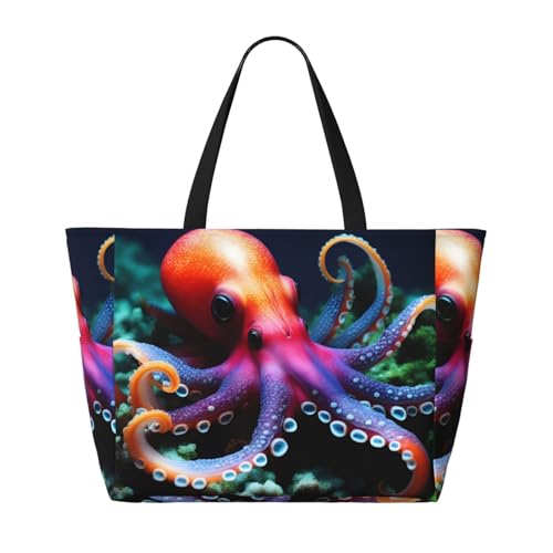 Colorful Squid Octopus Beach Travel Bag - Foldable Spacious Large Capacity Beach Bag Tote Bag With Zipper, Black, One Size, Schwarz, One Size von Trukd