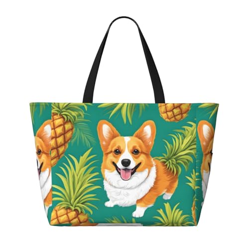 Corgi Hawaiianische tropische Sommer-Ananas-Strand-Reisetasche, faltbar, geräumig, große Kapazität, Strandtasche, Tragetasche mit Reißverschluss, Schwarz, Einheitsgröße von Trukd