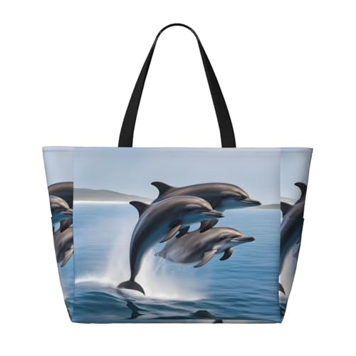 Delfin-Strand-Reisetasche, faltbar, geräumig, große Kapazität, Strandtasche mit Reißverschluss, Schwarz, Einheitsgröße von Trukd