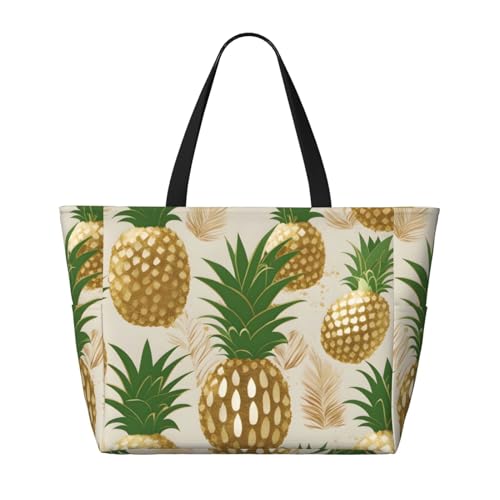 Faltbare Reisetasche, geräumig, mit Reißverschluss, Motiv: Ananas und Früchte, Gold, Schwarz, Einheitsgröße, Schwarz , Einheitsgröße von Trukd