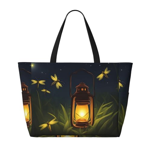 Fireflies and Lantern Strand-Reisetasche, faltbar, geräumig, große Kapazität, Strandtasche mit Reißverschluss, Schwarz, Einheitsgröße von Trukd