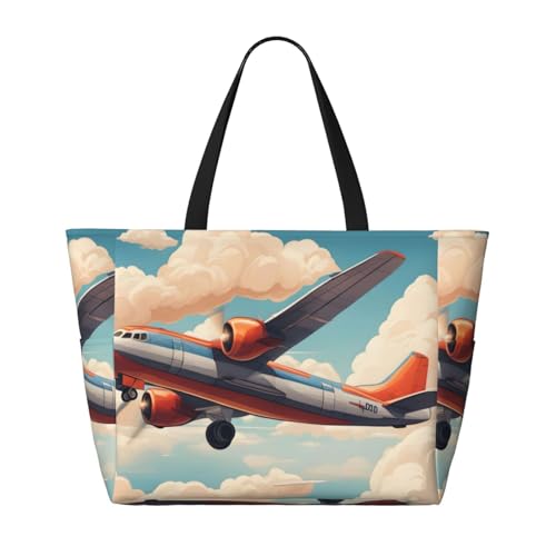 Flugzeug-Strand-Reisetasche, faltbar, geräumig, große Kapazität, Strandtasche, Tragetasche mit Reißverschluss, Schwarz, Einheitsgröße, Schwarz, One Size von Trukd