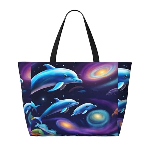 Galaxy Dolphins Strand-Reisetasche, faltbar, geräumig, große Kapazität, Strandtasche, Tragetasche mit Reißverschluss, Schwarz, Einheitsgröße, Schwarz, One Size von Trukd