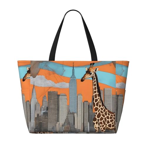 Giraffe In New York Strand-Reisetasche, faltbar, geräumig, große Kapazität, Strandtasche, Tragetasche mit Reißverschluss, Schwarz, Einheitsgröße von Trukd