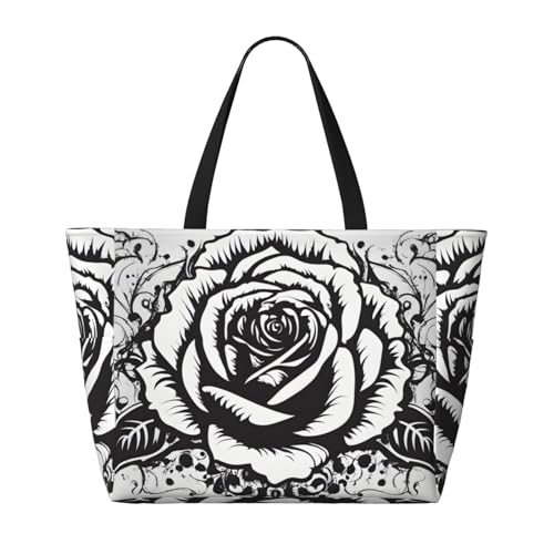 Gothic Rose Strand-Reisetasche, faltbar, geräumig, große Kapazität, Strandtasche, Tragetasche mit Reißverschluss, Schwarz, Einheitsgröße, Schwarz, One Size von Trukd