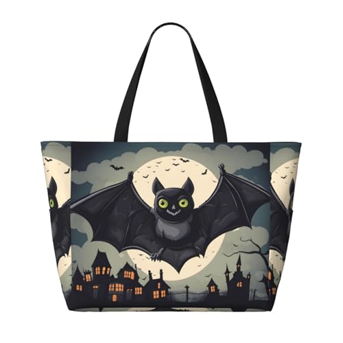 Halloween-Reisetasche mit Fledermaus-Motiv, faltbar, geräumig, große Kapazität, Strandtasche mit Reißverschluss, Schwarz, Einheitsgröße von Trukd