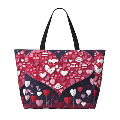 Happy Valentine's Day Strand-Reisetasche, faltbar, geräumig, große Kapazität, Strandtasche mit Reißverschluss, Schwarz, Einheitsgröße von Trukd