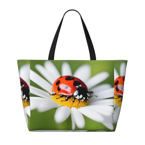Ladybug On Daisy Flower Strand-Reisetasche, faltbar, geräumig, große Kapazität, Strandtasche, Tragetasche mit Reißverschluss, Schwarz, Einheitsgröße von Trukd