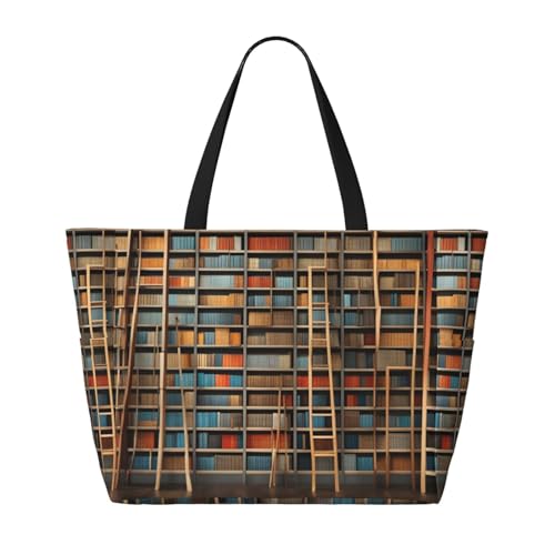 Lustige Bücherregal-Kollektion und Leiter Strand-Reisetasche, faltbar, geräumig, große Kapazität, Strandtasche, Tragetasche mit Reißverschluss, Schwarz, Einheitsgröße, Schwarz, One Size von Trukd