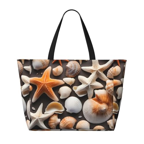 Muscheln Seestern Strand Reisetasche – Faltbare geräumige große Kapazität Strandtasche Tragetasche mit Reißverschluss, Schwarz, Einheitsgröße von Trukd