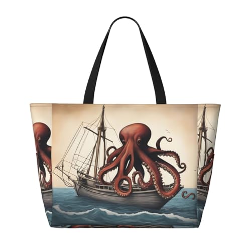 Octopus und Boot Strand-Reisetasche – faltbar, geräumig, große Kapazität, Strandtasche mit Reißverschluss, Schwarz, Einheitsgröße von Trukd