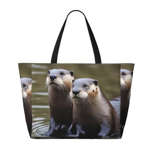 Otters Strand-Reisetasche, faltbar, geräumig, große Kapazität, Strandtasche mit Reißverschluss, Schwarz, Einheitsgröße von Trukd