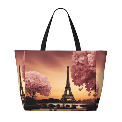 Paris Eiffelturm mit Blumen, Strand-Reisetasche, faltbar, geräumig, große Kapazität, Strandtasche, Tragetasche mit Reißverschluss, Schwarz, Einheitsgröße von Trukd