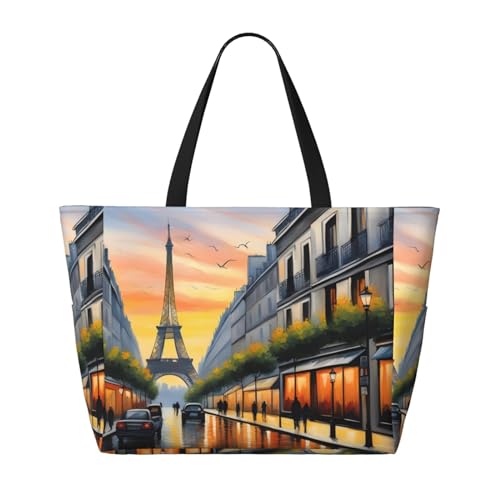 Paris Street Eiffelturm Malerei Strand Reisetasche – Faltbare geräumige große Kapazität Strandtasche Tragetasche mit Reißverschluss, Schwarz, Einheitsgröße von Trukd