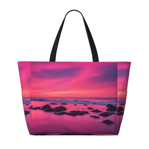 Pink Beach Sunset Beach Reisetasche – Faltbare, geräumige große Kapazität Strandtasche Tragetasche mit Reißverschluss, Schwarz, Einheitsgröße von Trukd