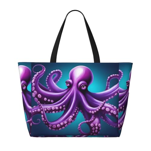 Purple Octopus Strand-Reisetasche, faltbar, geräumig, große Kapazität, Strandtasche, Tragetasche mit Reißverschluss, Schwarz, Einheitsgröße, Schwarz, One Size von Trukd