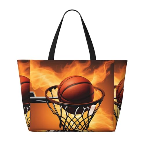 Reisetasche mit Basketball auf Feuer, faltbar, geräumig, große Kapazität, Strandtasche mit Reißverschluss, Schwarz, Einheitsgröße von Trukd