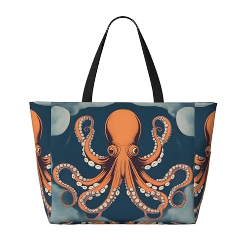 Retro-Oktopus-Strand-Reisetasche, faltbar, geräumig, große Kapazität, Strandtasche, Tragetasche mit Reißverschluss, Schwarz, Einheitsgröße von Trukd