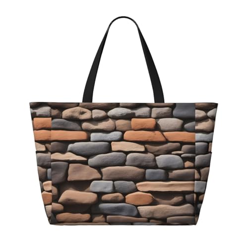 Rustic Rocks Ziegelmauer-Strand-Reisetasche, faltbar, geräumig, große Kapazität, Strandtasche, Tragetasche mit Reißverschluss, Schwarz, Einheitsgröße, Schwarz, One Size von Trukd