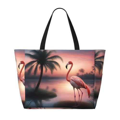 Schöne Flamingo-Strand-Reisetasche, faltbar, geräumig, große Kapazität, Strandtasche mit Reißverschluss, Schwarz, Einheitsgröße von Trukd