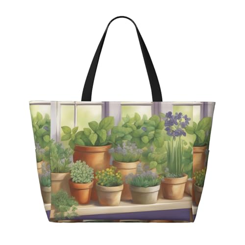 Springtime Herb Gard Strand-Reisetasche, faltbar, geräumig, große Kapazität, Strandtasche, Tragetasche mit Reißverschluss, Schwarz, Einheitsgröße von Trukd