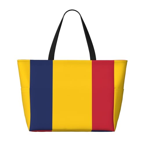 Strand-Reisetasche, Motiv: Flagge des Tschads, geräumig, große Kapazität, faltbare Strandtasche, Tragetasche mit Reißverschluss, Schwarz, Einheitsgröße, Schwarz, One Size von Trukd