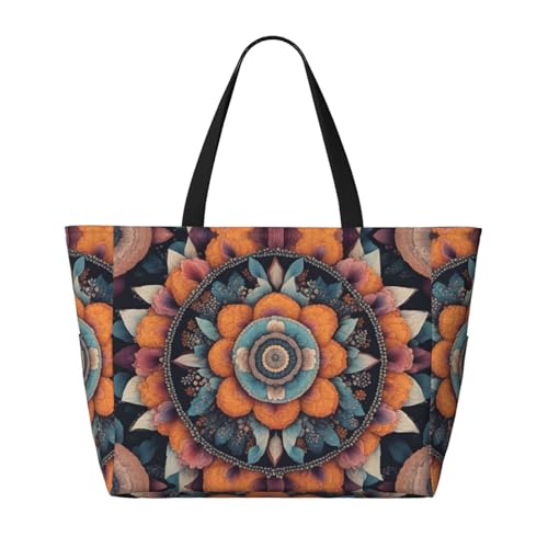 Strand-Reisetasche im Boho-Mandala-Design, faltbar, geräumig, große Kapazität, Strandtasche, Tragetasche mit Reißverschluss, Schwarz, Einheitsgröße von Trukd