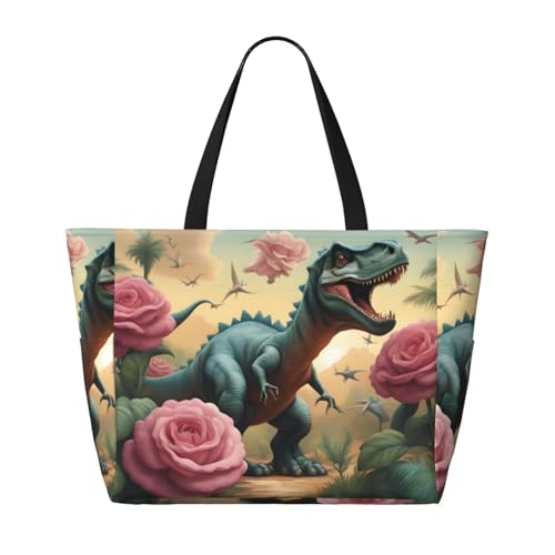 Strand-Reisetasche mit Dinosaurier-Rosen, faltbar, geräumig, große Kapazität, Strandtasche mit Reißverschluss, Schwarz, Einheitsgröße von Trukd