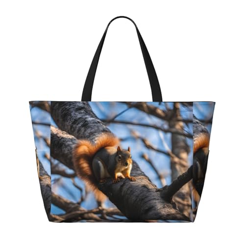 Strand-Reisetasche mit Eichhörnchen im Baum, faltbar, geräumig, große Kapazität, Strandtasche mit Reißverschluss, Schwarz, Einheitsgröße von Trukd