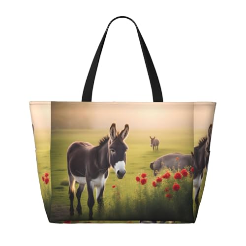 Strand-Reisetasche mit Esel und Blume, faltbar, geräumig, große Kapazität, Strandtasche mit Reißverschluss, Schwarz, Einheitsgröße von Trukd