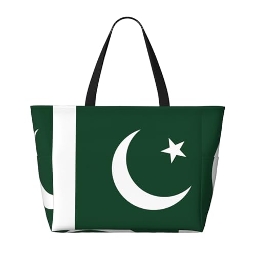 Strand-Reisetasche mit Flagge Pakistans – faltbar, geräumig, große Kapazität, Strandtasche mit Reißverschluss, Schwarz, Einheitsgröße von Trukd