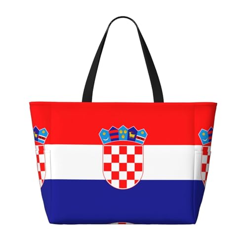 Strand-Reisetasche mit Flagge der Republik Kroatien, faltbar, geräumig, große Kapazität, Strandtasche, Tragetasche mit Reißverschluss, Schwarz, Einheitsgröße von Trukd